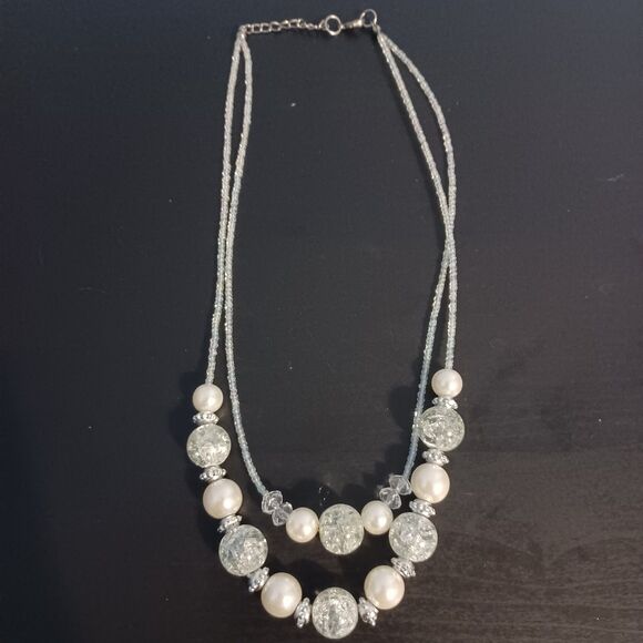 Chunky White 2-Layer Beaded Necklace, 20” - Picture 2 of 4